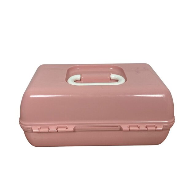 Vintage Caboodles 2 Tier Pink Jewelry Makeup Case Mirror Handle 5626 Made in USA - Picture 6 of 14